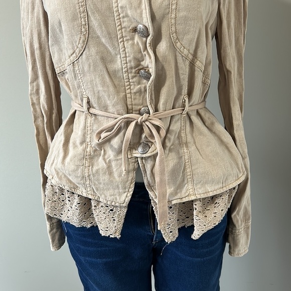 Free People Emilia Jacket Tan Linen Military Lace Hem Button Front Sz XS - Picture 8 of 12